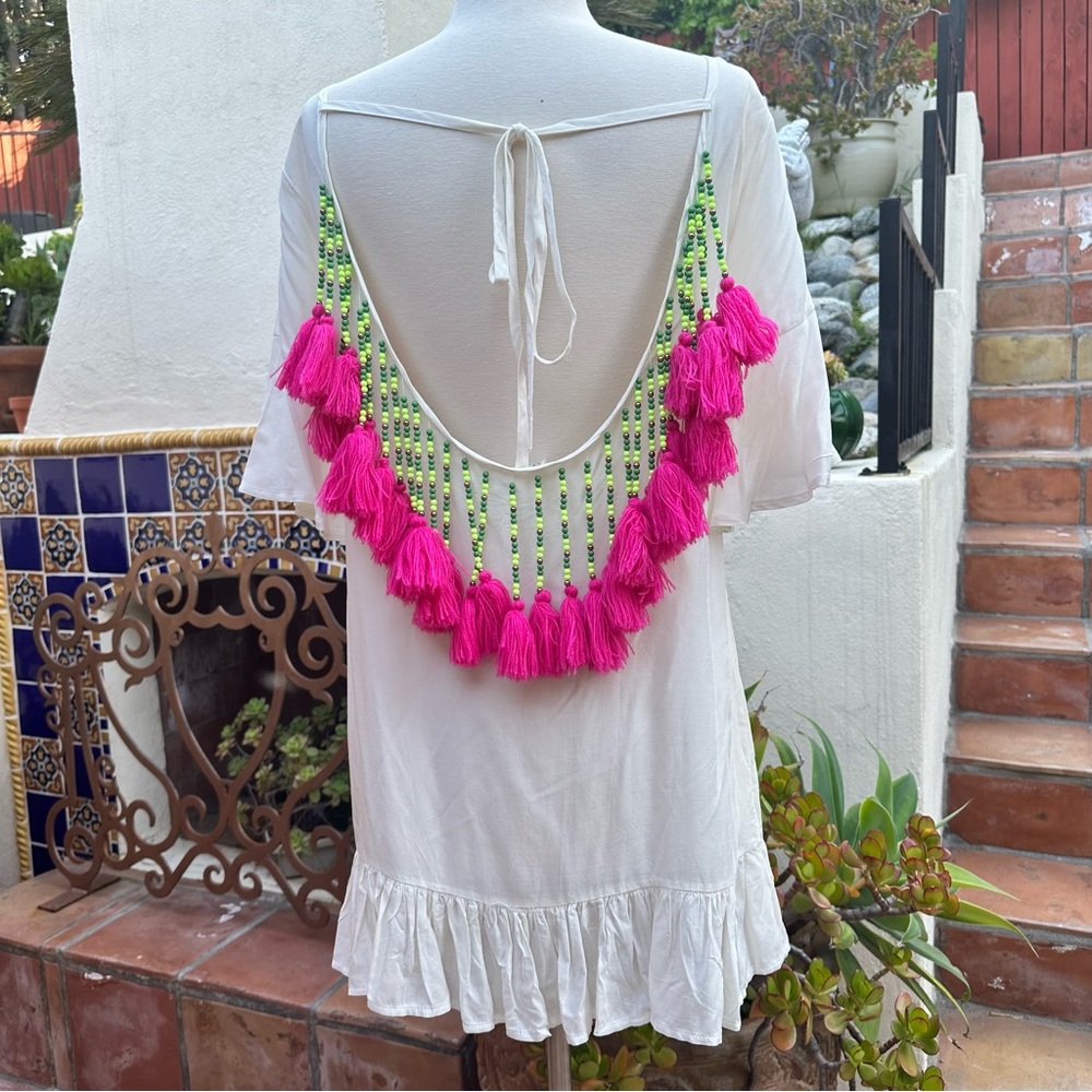 Sundress Swim Cover Scoop Back Tassels Ruffles Hem Dress